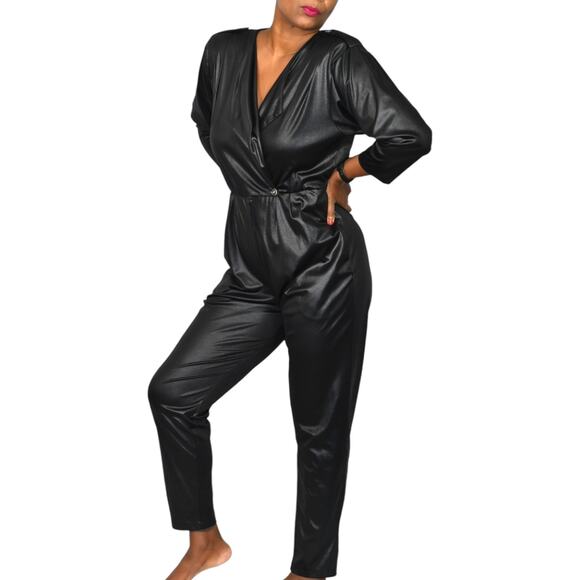 Vintage Stash Wet Look Jumpsuit Black Faux Leather Shiny 80s Shoulder Pads Small - Picture 13 of 15